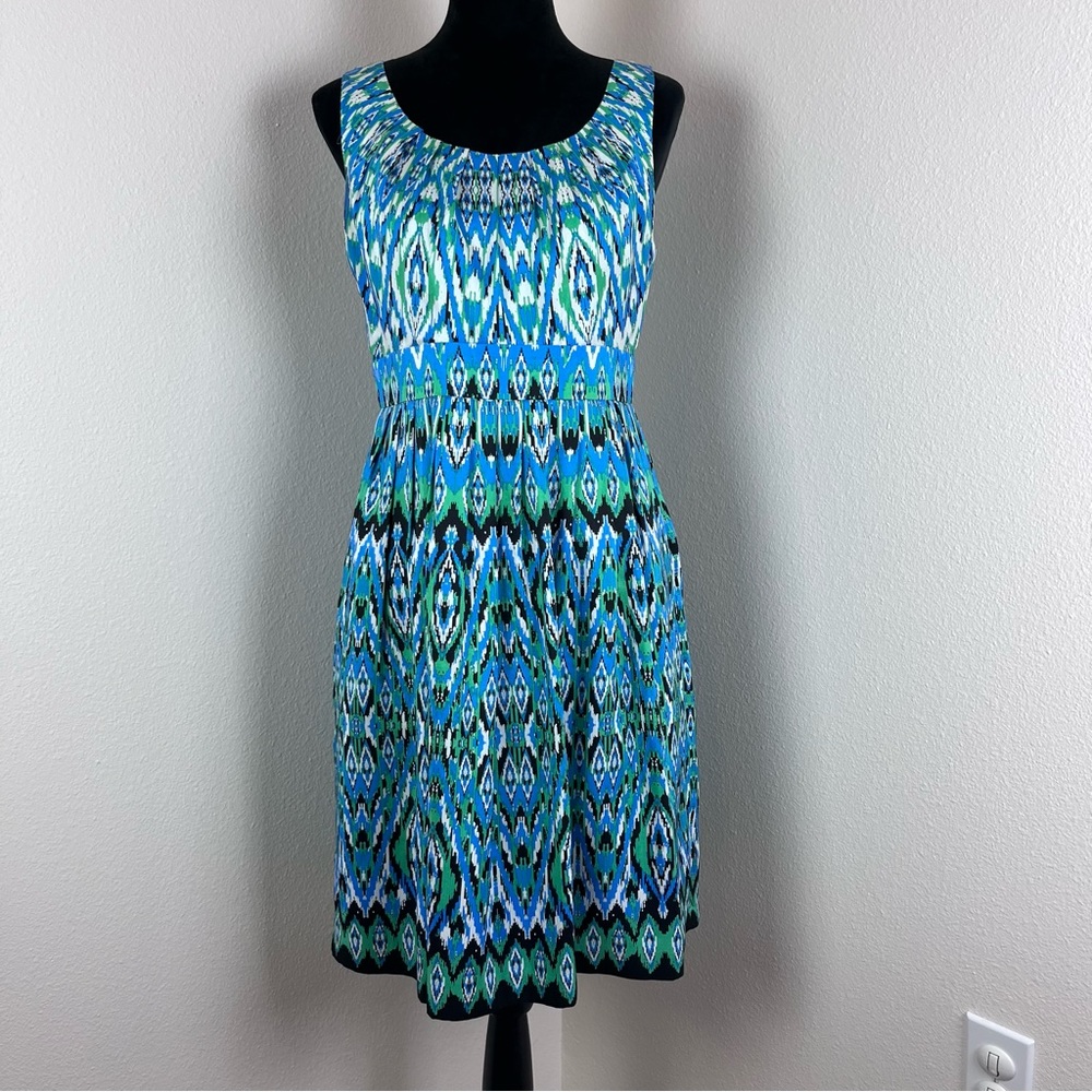 Donna Morgan Dress Womens Eight Sleeveless Fit and Flare Silk Ikat Party Blue